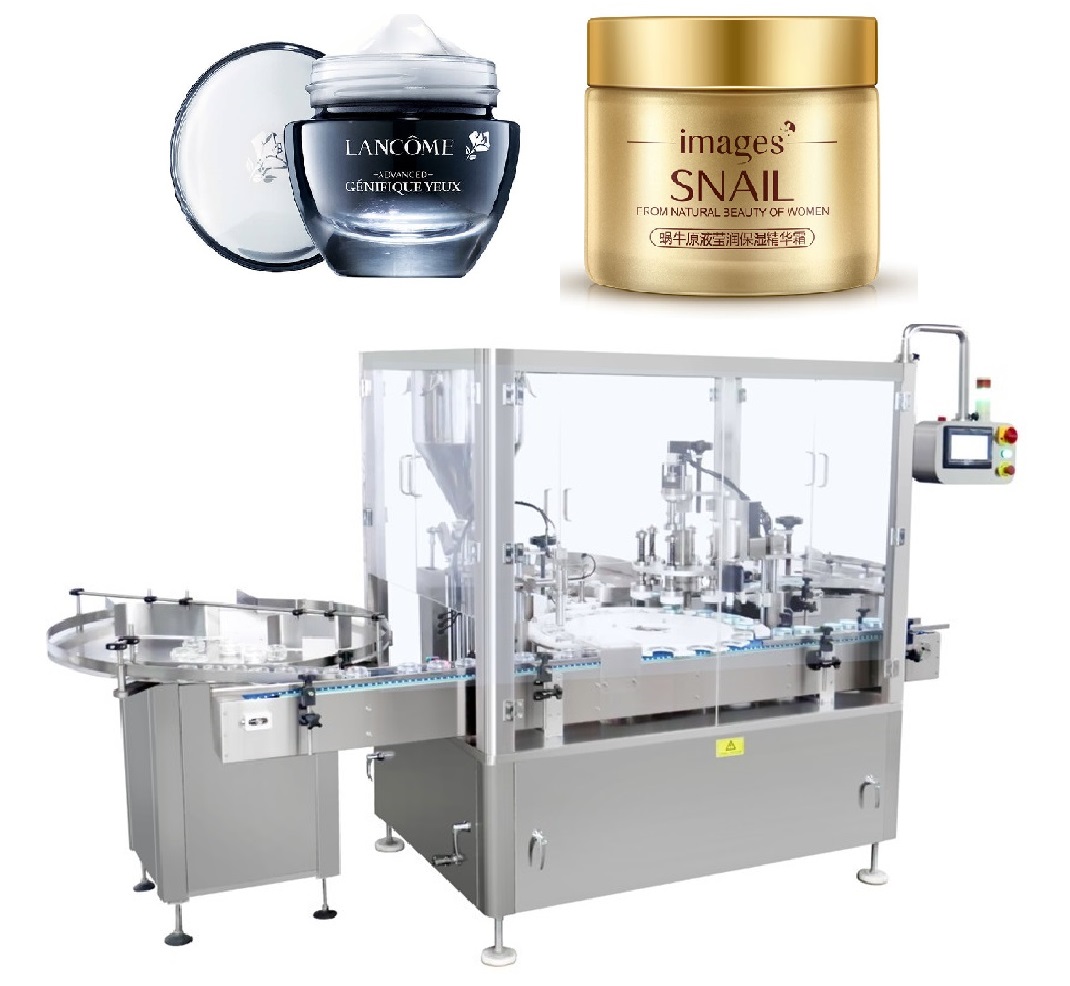 Eye cream, facial cream filling line for jar with foil sealing or bottles 